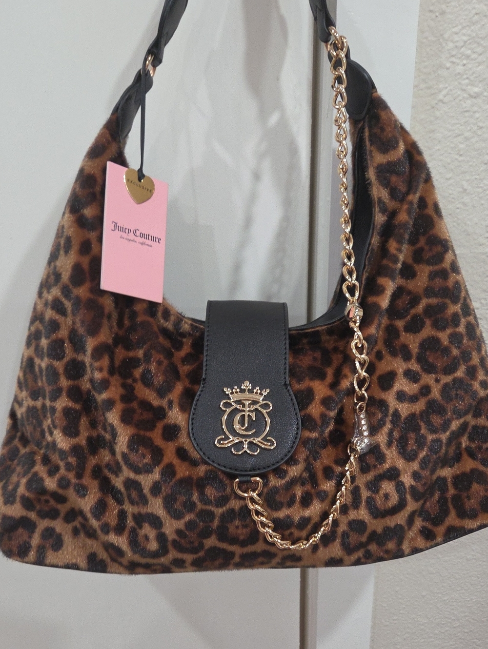 Juicy Couture Leopard Print Shoulder Bag with Black Trim and Gold Chain